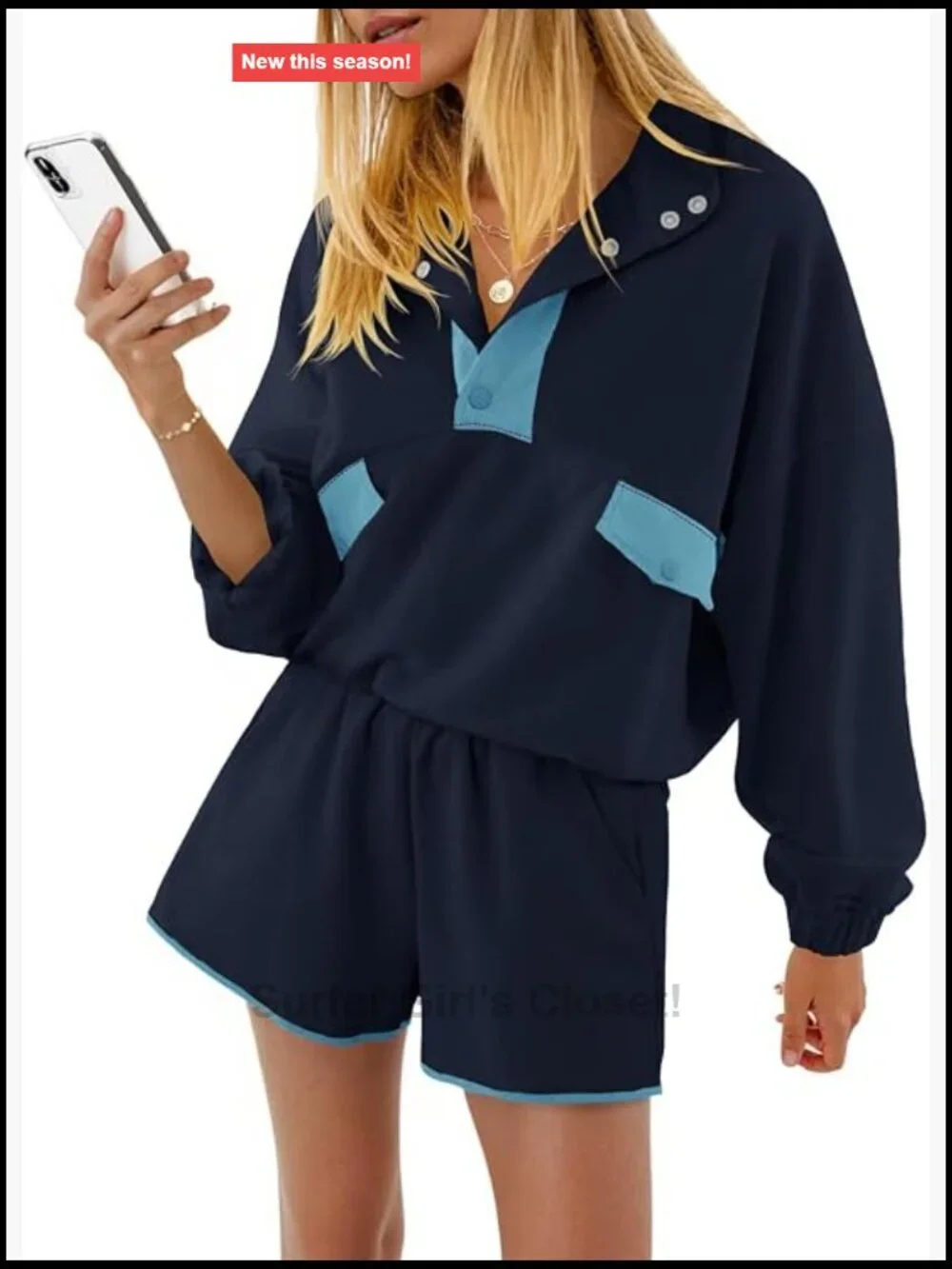 Women's 2 Piece Sets - Casual Half Button Color Block Sweatshirt and Running
